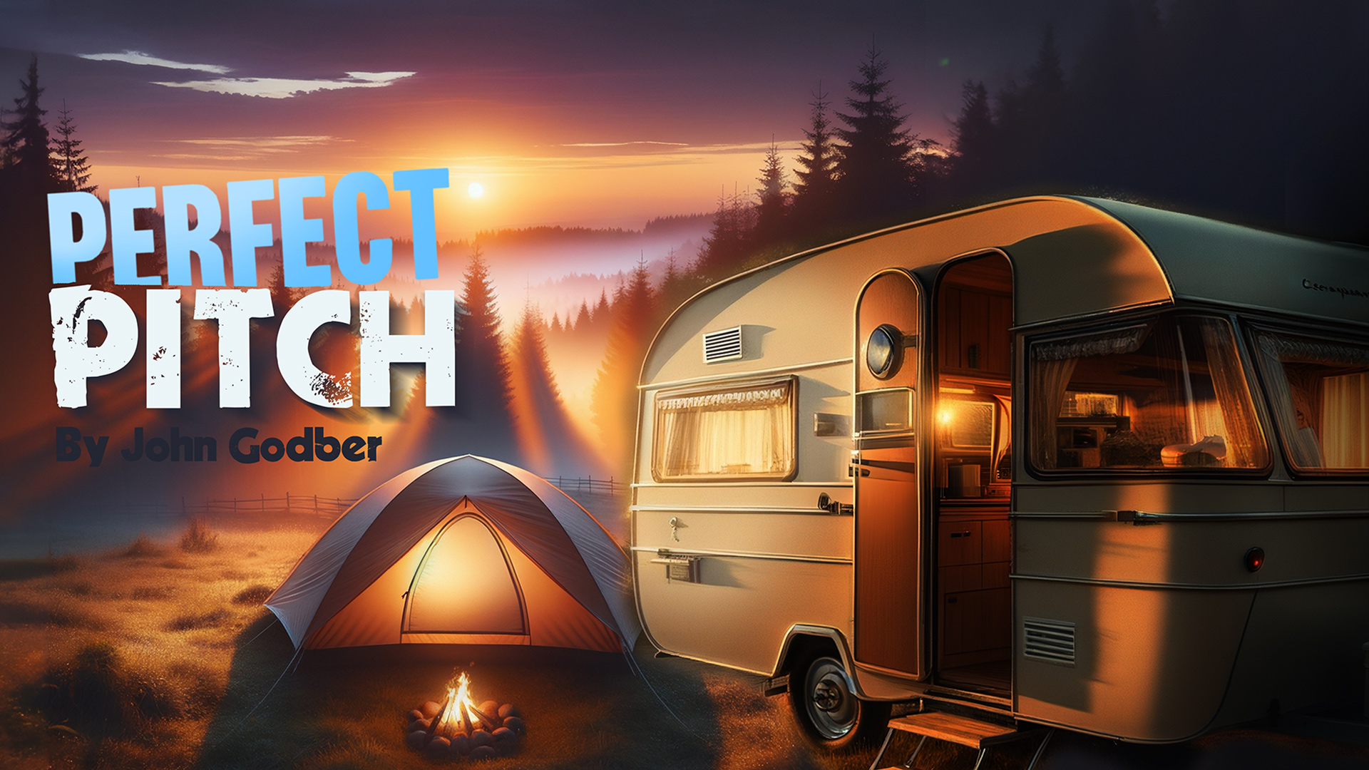 The words 'Perfect Pitch by John Godber' are in blue in the upper left corner, on top of a sunset scene of a tent with a campfire, and a caravan next to it.